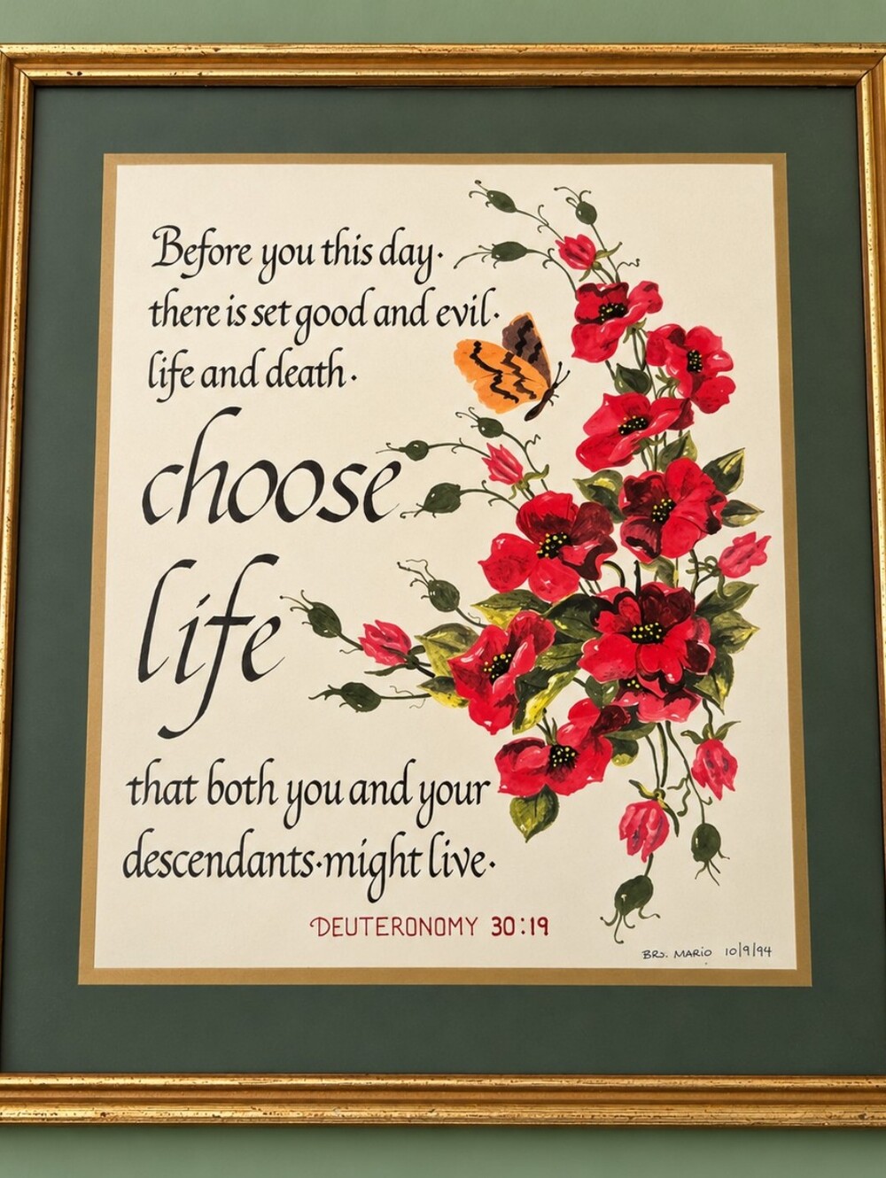 Vintage 1994 Christian Wall Art Deuteronomy 30:19 Hand Painted Signed Floral Art